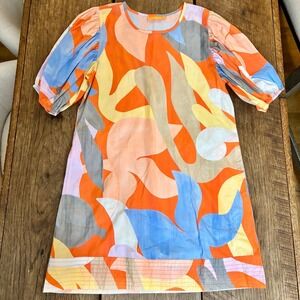 Oliphant Resort Puff Sleeve Dress Abstract Print Pockets Pullover Cotton Size XS